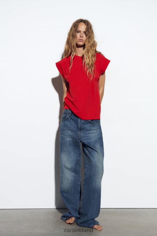 Zara Rib Cotton T-Shirt Women 462J0469 Red Clothing
